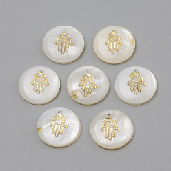 Golden Freshwater Shell Pendants, Flat Round & Hamsa Hand/Hand of Fatima/Hand of Miriam, Golden, 16x3.5~4mm, Hole: 1.2mm