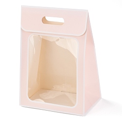 Pink Прямоугольные бумажные пакеты, перевернуть бумажный пакет, с ручкой и пластиковым окном, розовые, 35x25x15 см