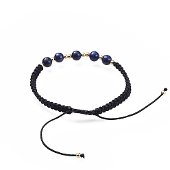 Lapis Lazuli Adjustable Natural Lapis Lazuli(Dyed) Braided Bead Bracelets, Nylon Cord Square Knot Bracelet, with Brass Findings, Golden, 2 inch(5.2cm)
