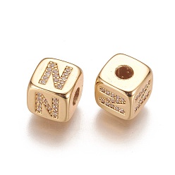 Letter N Brass Micro Pave Cubic Zirconia Beads, Horizontal Hole, Real 18K Gold Plated, Long-Lasting Plated, Cube with Letter, Clear, Letter.N, 9x9x9mm, Hole: 3.5mm