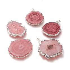 Indian Red Dyed Natural Druzy Solar Quartz Crystal Pendants, Edge Plated, with Brass Bails, Sunflower, Silver, Indian Red, 40~50x30~45x5~6mm, Hole: 4x6mm