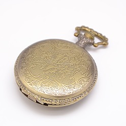 Antique Bronze Vintage Flat Round Carved Dragon Alloy Quartz Watch Heads Pendants for Pocket Watch Necklace Making, Antique Bronze, 60x46x15mm