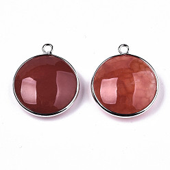 FireBrick Natural Crackle Agate Pendants, with Platinum Plated Brass Findings, Dyed & Heated, Flat Round, FireBrick, 27~28x23~24x7~9.5mm, Hole: 2mm