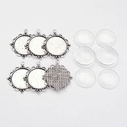 Antique Silver Pendant Making Sets, with Alloy Pendant Cabochon Settings, Glass Cabochons, Flat Round, Cadmium Free & Lead Free, Antique Silver, 48x43x3mm, Hole: 3mm, Tray: 30mm, 6sets/box
