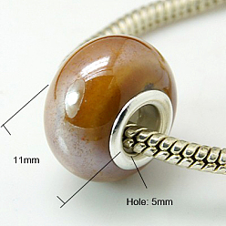Chocolate Handmade Porcelain European Beads, with Silver Color Brass Double Cores, Rondelle, Chocolate, 15x10~11mm, Hole: 5mm