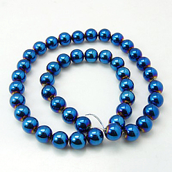 Blue Plated Non-Magnetic Synthetic Hematite Beads Strands, Blue Plated, Round, Blue Plated, 10mm, Hole: 1mm 39pcs/strand, 15.5 inch.