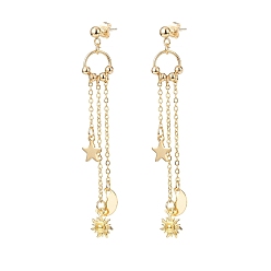 Golden 304 Stainless Steel Moon & Sun & Star Dangle Stud Earrings, Brass Long Tassel Drop Earrings for Women, Golden, 71mm, Pin: 0.8mm