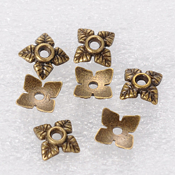 Mixed Color Tibetan Style Alloy Bead Caps, Flower, 4-Petal, Cadmium Free & Lead Free, Mixed Color, 6x6x2mm, Hole: 1mm