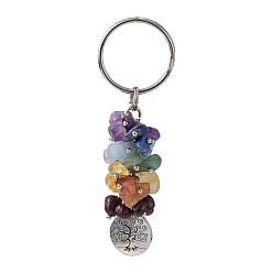 Mixed Stone Natural Gemstone Keychain, with Brass Findings, Flat Round with Tree, 78mm, Pendant: 19x15x1.5mm