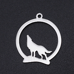 Stainless Steel Color 201 Stainless Steel Pendants, Howling Wolf Pendants, Ring with Wolf, Stainless Steel Color, 23x20x1mm, Hole: 1.5mm