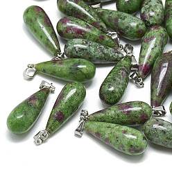 Ruby in Zoisite Natural Ruby in Zoisite Pendants, with Stainless Steel Snap On Bails, teardrop, 28~30x10~12mm, Hole: 6x4mm