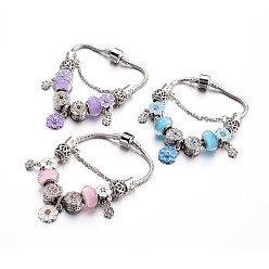 Mixed Color Fashion Brass European Bracelets, with Glass Beads and Alloy Rhinestone Enamel Beads, Mixed Color, 190x3mm