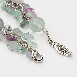 Fluorite Gemstone Bracelets, with Natural Fluorite Bead, Gravel and Brass Hand, 7-3/4 inch(198mm)