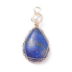 Lapis Lazuli Natural Lapis Lazuli Copper Wire Wrapped Pendants, with Grade A Natural Cultured Freshwater Pearl, Real 18K Gold Plated, Teardrop, 38~43x19~19.5x8~8.5mm, Hole: 3.5~3.8mm