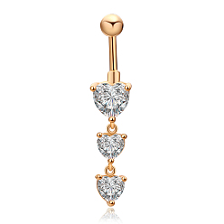 Golden Real 18K Gold Plated Brass Cubic Zirconia Navel Ring Navel Ring Belly Rings, with 304 Stainless Steel Bar, 44x9mm, Bar Length: 3/8"(10mm), Bar: 14 Gauge(1.6mm)