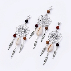 Antique Silver & Platinum Alloy Big Pendants, with Cowrie Shell Beads, Wood Beads and Zinc Alloy Lobster Claw Clasps, Woven Net/Web with Feather, Antique Silver & Platinum, 109~111mm