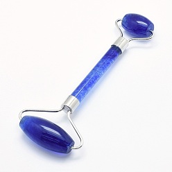 Watermelon Stone Glass Blue Watermelon Stone Glass Brass Face Massager, Facial Rollers, Platinum, 142~150x54~58x19~22mm