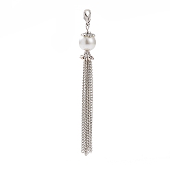White Fashion Tassels Pendant Decorations, with Tibetan Style Bead Caps, Glass Pearl Beads, Iron Twisted Chains and Alloy Lobster Claw Clasps, White, 90mm