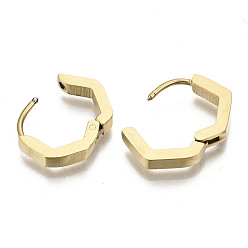 Real 18K Gold Plated 304 Stainless Steel Huggie Hoop Earrings, Hexagon, Real 18K Gold Plated, 13.5x15x2.5mm, Pin: 0.8mm
