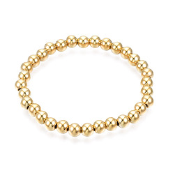 Real 18K Gold Plated 201 Stainless Steel Round Beaded Stretch Bracelet for Men Women, Real 18K Gold Plated, Inner Diameter: 2-1/4 inch(5.7cm), Beads: 7mm