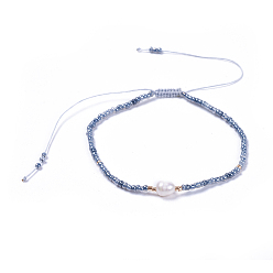 Steel Blue Adjustable Nylon Thread Braided Beads Bracelets, with Glass Seed Beads and Grade A Natural Freshwater Pearls, Steel Blue, 2-1/8 inch(5.3cm)