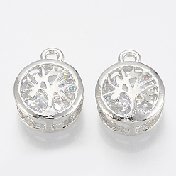 Platinum Alloy Cubic Zirconia Charms, Flat Round with Tree of Life, Platinum, 14.5x10.5x5.5mm, Hole: 1.6mm