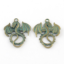 Antique Bronze & Green Patina Zinc Alloy Dragon Pendants, Cadmium Free & Lead Free, Antique Bronze & Green Patina, 35x27x2mm, Hole: 2.5mm