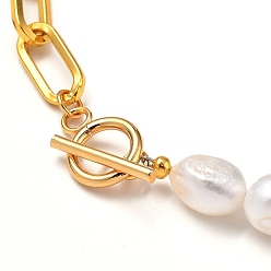 Golden Natural Baroque Pearl Keshi Pearl Bracelets & Necklaces Sets, with Unwelded Iron Paperclip Chains and Brass Crimp Beads, 304 Stainless Steel Toggle Clasps, Golden, 7-3/4 inch(19.8cm), 17.48 inch(44.4cm), 2pcs/set