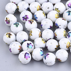 Colorful Autumn Theme Electroplate Glass Beads, Round with Maple Leaf Pattern, Colorful, 8~8.5mm, Hole: 1.5mm