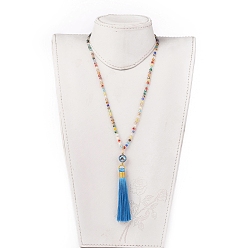 Mixed Color Polyester Tassel Pendant Necklaces, with Electroplate Faceted Abacus Glass Beads and Glass Seed Beads , Mixed Color, 31.5 inch(80cm)