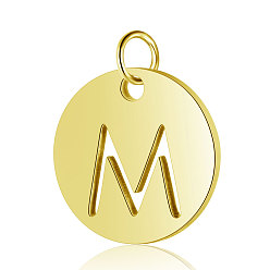 Letter M 304 Stainless Steel Charms, Flat Round with Letter, Golden, Letter.M, 12x1mm, Hole: 2.5mm