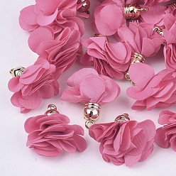 Hot Pink Cloth Pendant Decorations, with Acrylic Findings, Flower, Hot Pink, 25~30x28~35mm, Hole: 2mm