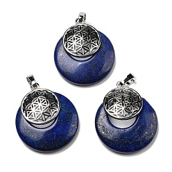 Lapis Lazuli Natural Lapis Lazuli Pendants, Spiritual Charms, with Platinum Tone Brass Findings, Flat Round with Flower of Life/Sacred Geometry, 32~32.5x28~30x7~7.5mm, Hole: 5x8mm