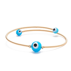 Bleu Ciel Foncé Rond au chalumeau avec bracelet manchette perlé mauvais œil, bracelet torque en cuivre plaqué or pour femme, bleu profond du ciel, diamètre intérieur: 2-1/4 pouce (5.6 cm)