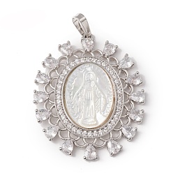 Real Platinum Plated Eco-Friendly Rack Plating Brass Micro Pave Cubic Zirconia Pendant, with Natural White Shell, Long-Lasting Plated, Lead Free & Cadmium Free, Oval with Virgin Mary, Real Platinum Plated, 35x29x3.5mm, Hole: 3.5x6.5mm
