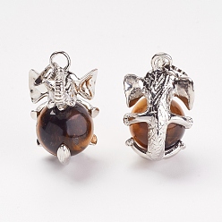 Tiger Eye Natural Tiger Eye Pendants, with Brass Findings, Elephant, Platinum, 31x19x23mm, Hole: 5x8mm