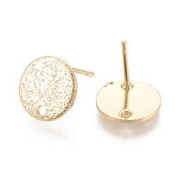 Real 18K Gold Plated Hammered Brass Stud Earring Findings, Flat Round, Nickel Free, Real 18K Gold Plated, 10mm, Hole: 1mm, Pin: 0.6mm