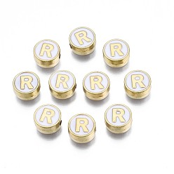 Letter R Des perles d'émail en alliage, sans cadmium et sans plomb, or et de lumière, rond et plat avec alphabet, blanc, letter.r, 8x4mm, Trou: 1.5mm