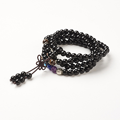 Black Agate Yoga Chakra Jewelry, Natural Black Agate Beads Wrap Bracelets, Four Loops, with Alloy Findings, 29.4 inch(74.8cm)