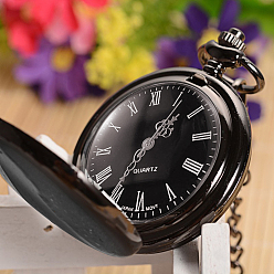 Черный Цвет Металла Открываемые плоские круглые сплава кулон карманные часы, кварцевые часы, с железными цепочками, металлический черный , 355 мм, голова часов : 57x41x14 мм, лицо часов : 32 мм