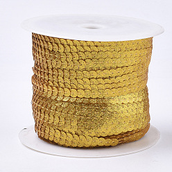 Gold Ornament Accessories Plastic Paillette Bead Strands, with Glitter Powder, Sequins Trim, Flat Round, Gold, 6x0.3mm, Hole: 1.2mm, about 100yards/roll