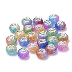 Mixed Color Crackle Resin European Beads, Large Hole Beads, with Silver Color Plated Brass Cores, Rondelle, Mixed Color, 14x8.5mm, Hole: 4.5mm