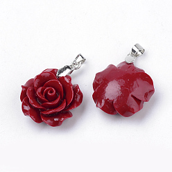 Dark Red Dyed Synthetic Coral Pendants, with Brass Findings, Flower, Dark Red, 20x20.5x10mm, Hole: 3.5x5mm