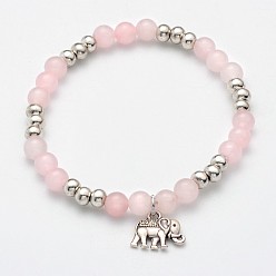 Mixed Stone Natural Mixed Stone Beaded Elephant Charm Stretch Bracelets, with Antique Silver Alloy Findings, 53mm
