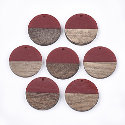FireBrick Resin & Walnut Wood Pendants, Flat Round, FireBrick, 28.5x3.5~4mm, Hole: 1.5mm