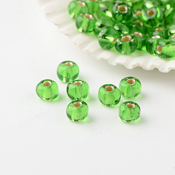 Light Green 6/0 Grade A Round Glass Seed Beads, Silver Lined, Light Green, 4x3mm, Hole: 1mm, about 4800pcs/pound