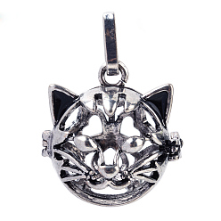 Antique Silver Rack Plating Brass Cage Hollow Kitten Pendants, for Chime Ball Pendant Necklaces Making, Cat Heat Shape, Antique Silver, 26x25x25mm, Hole: 4x8mm, inner measure: 18mm