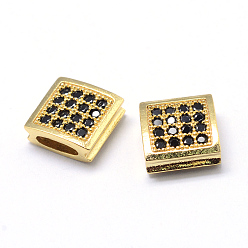 Golden Rack Plating Brass Cubic Zirconia Beads, Long-Lasting Plated, Square, Golden, 9x9x4mm, Hole: 1.5x5.5mm