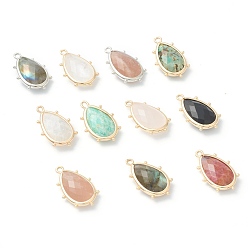 Mixed Stone Natural Mixed Gemstone Pendants, with Brass Edge, Faceted, Teardrop, 22.5x14x5.5mm, Hole: 1.6mm