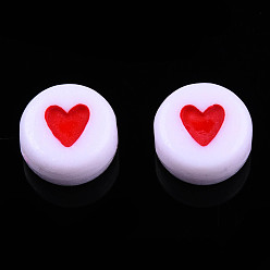 Rouge Perles acryliques opaques, avec l'émail, plat et circulaire avec coeur, rouge, 7x3.5mm, Trou: 1.2mm, environ3600~3700 pcs / 500 g
